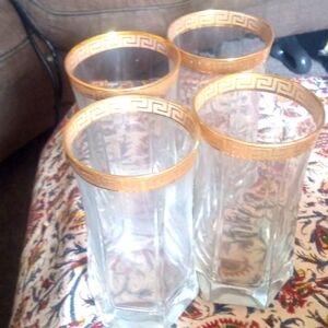 Greek Key Gold Gilt Rimmed Drinking Glasses. Set of 4. 5 inch
